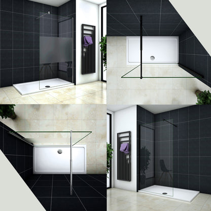 Paroi de douche Chromé / Noire en 8mm verre avec vitrification nano(anticalcaire) livrée avec une barre extensible 70-120cm