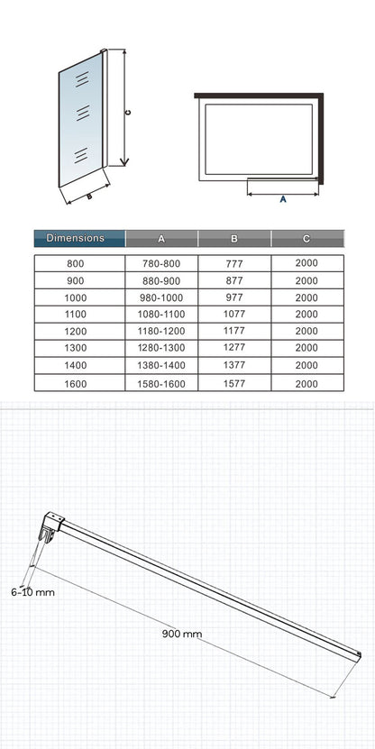Océan Paroi de douche 80-160x200cm en 10mm verre anticalcaire paroi de douche à l'italienne avec une barre de stabilisation 90cm