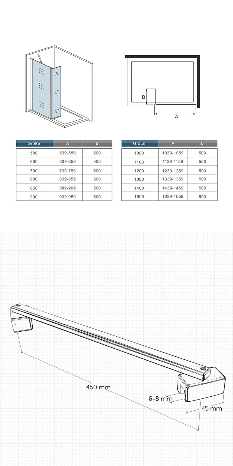 Océan paroi de douche 50-160cm + paroi latérale à l'italienne 50cm avec un retour pivotant et une barre stabilisateur 45cm
