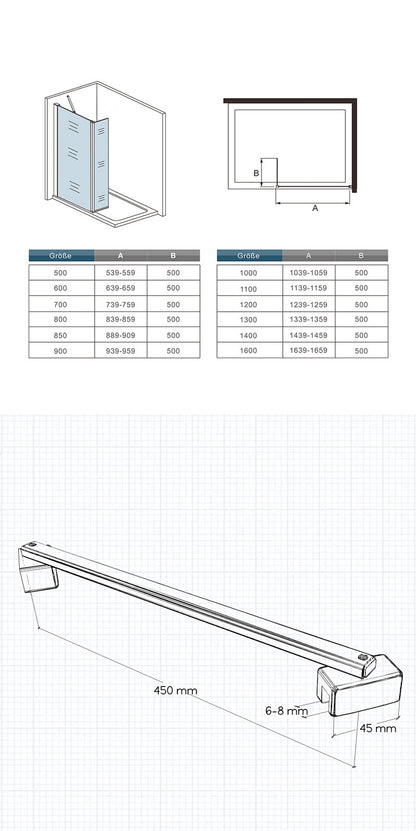 Océan paroi de douche 50-160cm + paroi latérale à l'italienne 50cm avec un retour pivotant et une barre stabilisateur 45cm